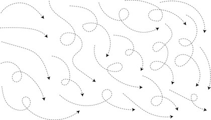 Curve lines arrows. Hand drawn line doodle. curved pointers sign. Sketch curved dashed signpost showing confusing complex path
