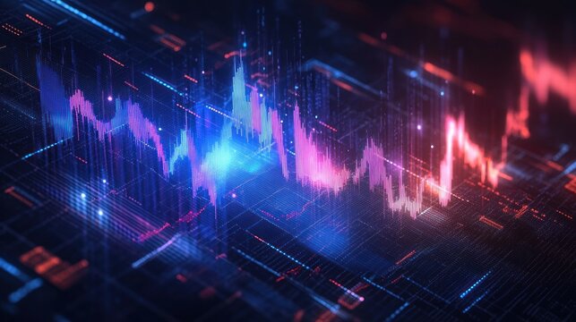 Abstract digital 3D graph with glowing blue and pink fluctuating data waves representing complex financial or technological analysis