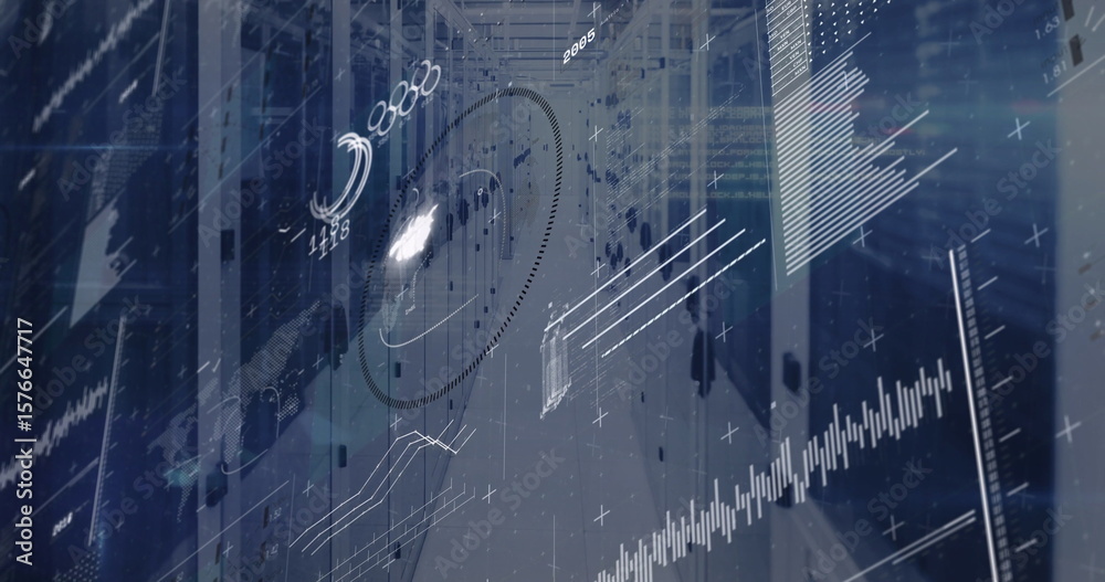 Poster displaying digital analytics overlay at office corridor, with circular graph and line charts