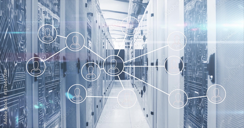 Poster displaying network node overlay hovering in data center with server racks routers and cable trays