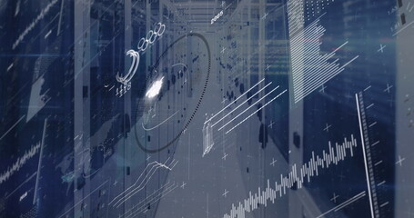 Displaying digital analytics overlay at office corridor, with circular graph and line charts
