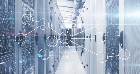 Displaying network node overlay hovering in data center with server racks routers and cable trays