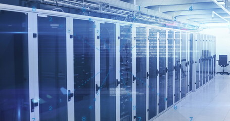 Displaying server cabinets aligned on shiny floor in data center room, with overhead cable trays