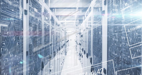 Extending aisle showing raised floor in data center, with LED-lit server cabinets and data overlays