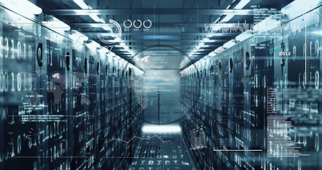 Glowing corridor displaying holographic data streams in data center with server racks and cabling