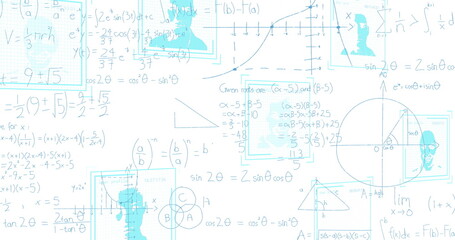 Displaying light blue equations and graphs on white page, showing translucent bust silhouettes