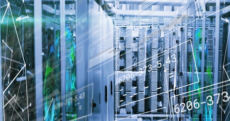 White server cabinet door left in data center glowing blue, with cable bundles, LEDs and overlays