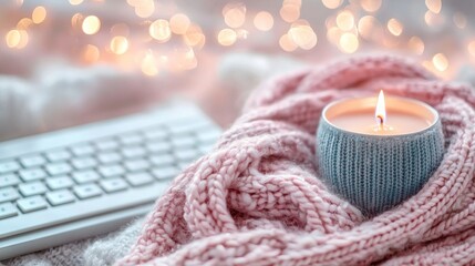 Cozy Candle Illuminating a Soft Knit Blanket with Keyboard Background