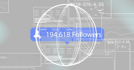 Showing white wireframe globe and blue followers badge at dashboard, with data panels and datasets