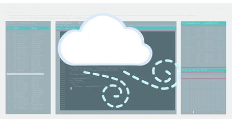 Displaying white cloud icon linking code panels in abstract workspace, with swirling dashed arrows