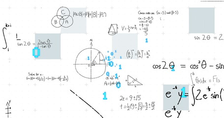 Presenting mathematical collage illustrating integrals, Venn diagram and cone formula on grid paper