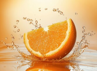 Fresh orange slice splashing into clear water with dynamic droplets captured in mid-air against a warm orange gradient background, conveying freshness and vitality