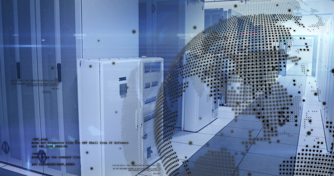 Highlighting server cabinets on floor tiles at data center, with code and globe overlay, copy space