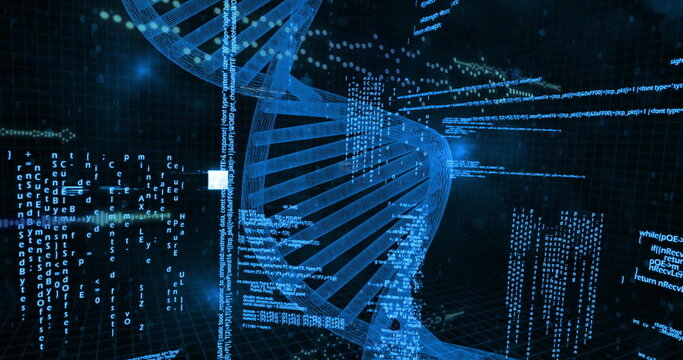 Rotating glowing DNA double helix floating through grid plane, with code streams and binary digits