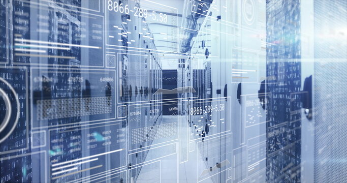 Showing data center aisle lined with server cabinets under LED panels, with HUD overlays