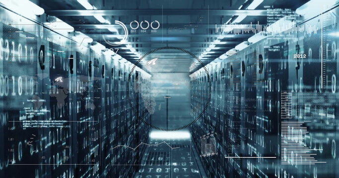 Glowing corridor displaying holographic data streams in data center with server racks and cabling