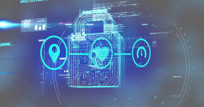 Glowing padlock icon pulsing in digital dashboard with location pin, gauge, graphs and overlays - Powered by Adobe