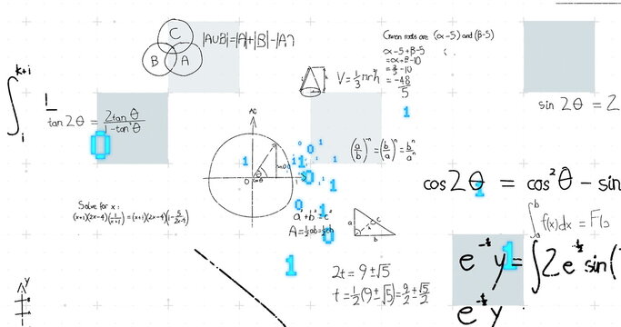 Presenting mathematical collage illustrating integrals, Venn diagram and cone formula on grid paper