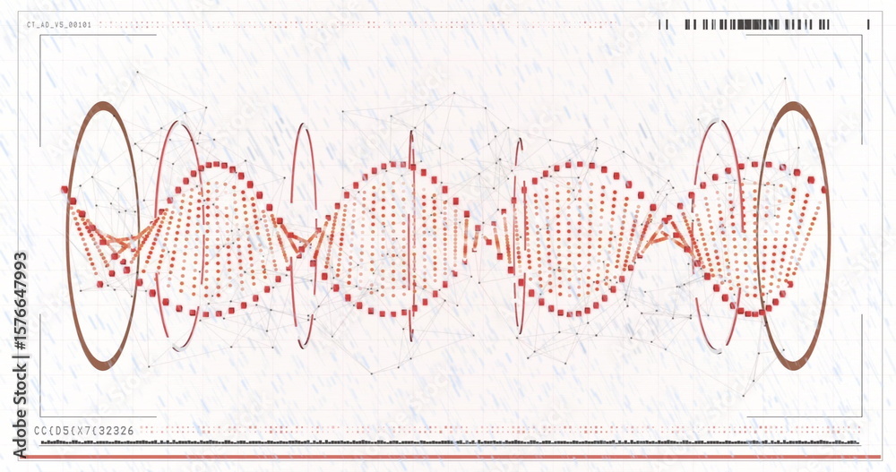 Poster displaying red nodes linking via thin lines across white grid, with brown rings and numeric codes