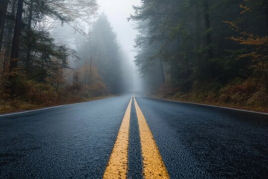 Empty wet asphalt road with double yellow lines through foggy dense forest with tall trees on both sides creating a mysterious and calm atmosphere - Powered by Adobe