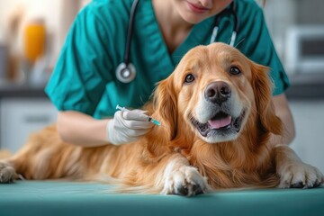 golden retriever dog receiving vaccination injection from veterinarian in clinic showing care and calmness