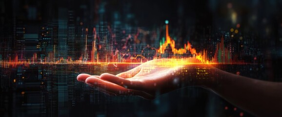Human hand holding a glowing digital stock market graph with cityscape and financial data in the background symbolizing technology and finance interaction