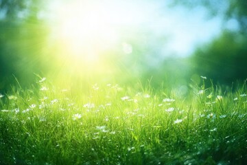 Obraz premium Bright sunlight shining over a green grassy field with small white flowers creating a peaceful and fresh morning atmosphere