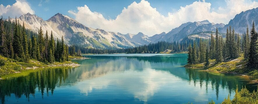 Calm alpine lake surrounded by dense pine forest and majestic snow-capped mountain range under a partly cloudy sky