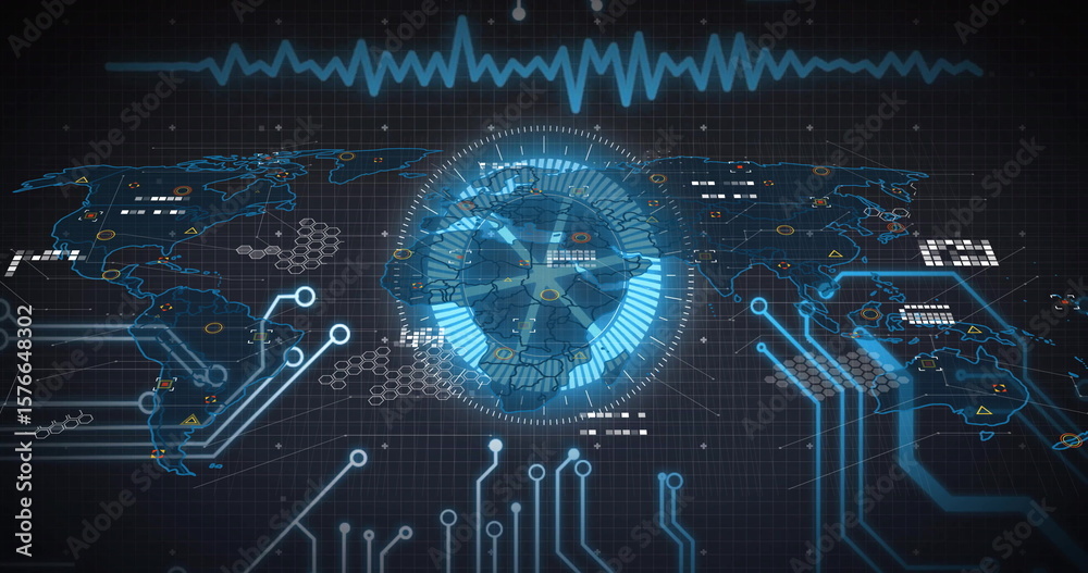 Poster displaying central holographic globe rotating over dark grid interface, with circuit lines