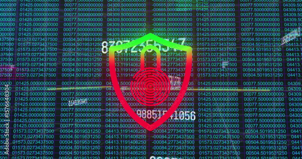 Poster Displaying security shield glowing over code grid on screen, with fingerprint motif and binary bits
