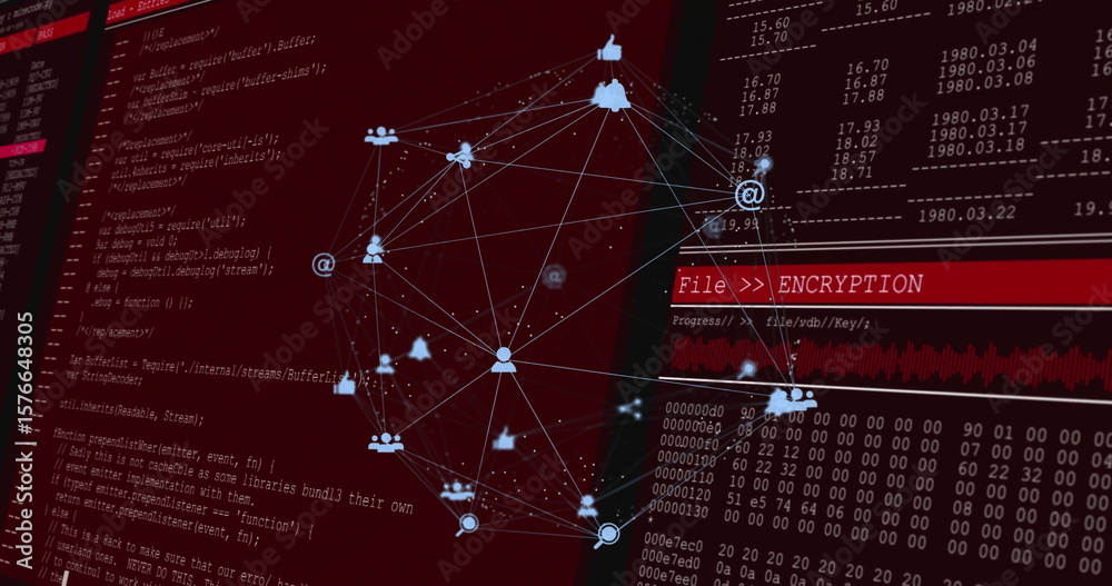 Poster displaying central 3d network graph glowing on red virtual encryption panel, with code and hex dump