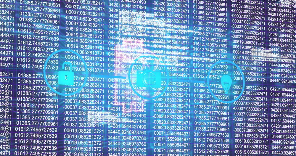 Poster displaying network diagram showing connected circular nodes with live data on screen, with key icon
