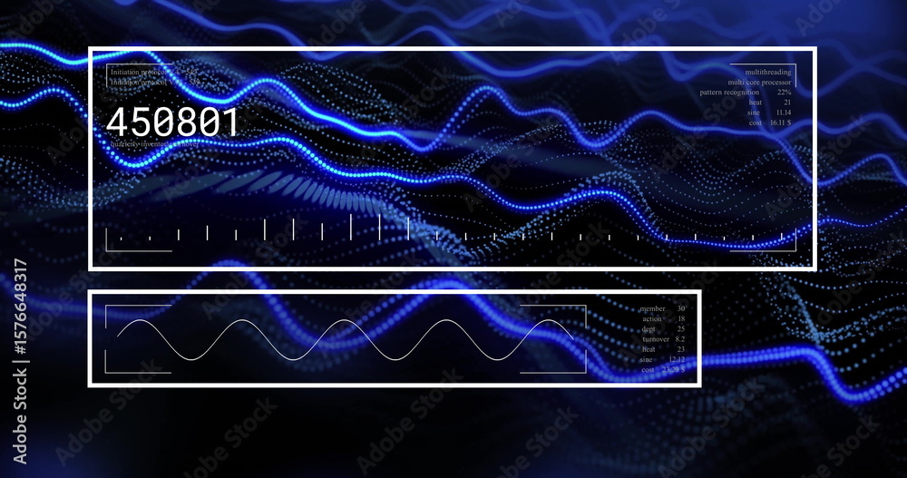Poster showing rectangular data panels with numeric readout 450801 and blue waveform on digital display