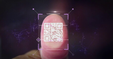 Scanning human thumb in futuristic interface, displaying QR code overlay and holographic grid lines
