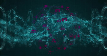 Flowing cyan network wave stretching across teal grid interface, with magenta icons overlaying