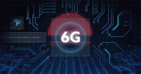6G emblem shining in gauge on neon-blue circuit grid, with red semicircle, map icon, waveform bar