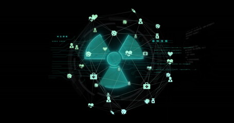 Displaying teal radiation symbol on dark display, connecting nodes with medical and user icons