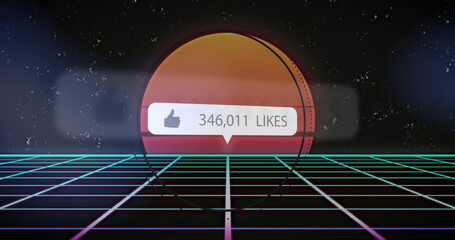 Floating speech-bubble displaying 346,011 LIKES over neon grid, showing orange sun and starry sky © vectorfusionart