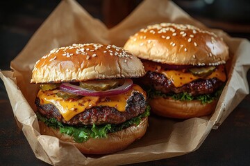 Two juicy cheeseburgers with sesame seed buns, melted cheddar cheese, pickles, red onion slices, and fresh green lettuce wrapped in brown paper