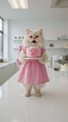 Cute cat in pink dress holding a birthday cake with paw print in modern kitchen – funny pet concept