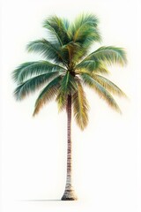 Obraz premium Tall solitary palm tree with lush green and slightly yellowing fronds against a bright white background conveying tropical calmness