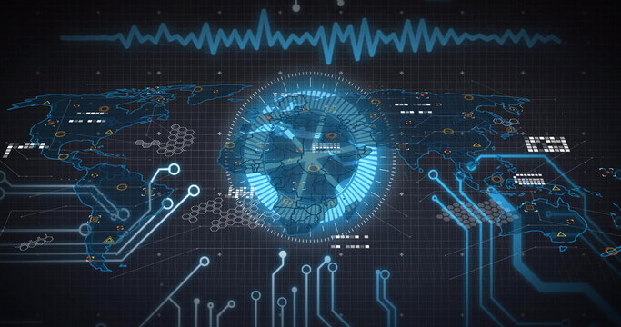 Displaying central holographic globe rotating over dark grid interface, with circuit lines