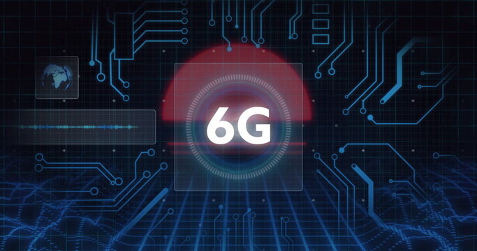 6G emblem shining in gauge on neon-blue circuit grid, with red semicircle, map icon, waveform bar - Powered by Adobe