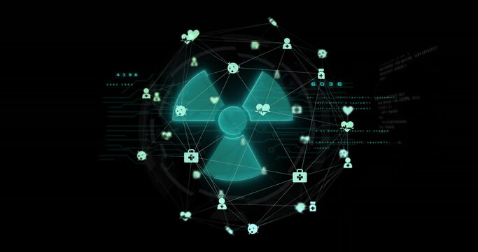 Displaying teal radiation symbol on dark display, connecting nodes with medical and user icons