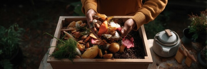 Sustainable home composting: person adding kitchen scraps