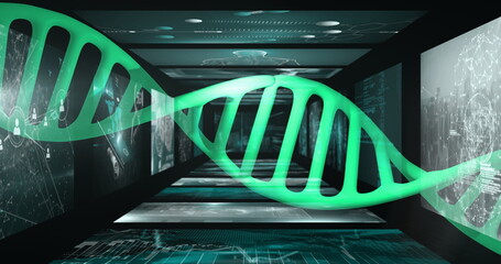 Floating glowing green DNA double helix traversing data tunnel, with wall-mounted digital screens
