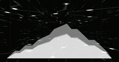 Naklejka premium Displaying layered mountain silhouette flowing through data tunnel, with streaming lights and stars