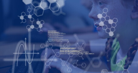 Girl wearing patterned top typing code on keyboard in lab, with digital overlays, copy space