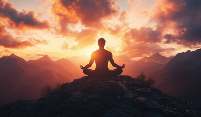 Obraz premium Silhouette of a person meditating on a rocky mountain peak during a fiery orange sunrise with dramatic clouds and distant mountain ranges