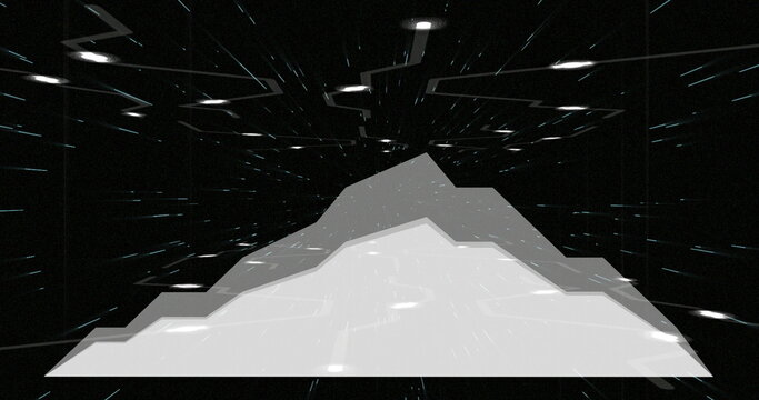 Displaying layered mountain silhouette flowing through data tunnel, with streaming lights and stars - Powered by Adobe